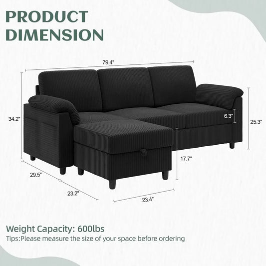 Convertible Sectional Couch 3 Seat L-Shaped Sofa with Pillows Corduroy for Living Room Apartment Office Black