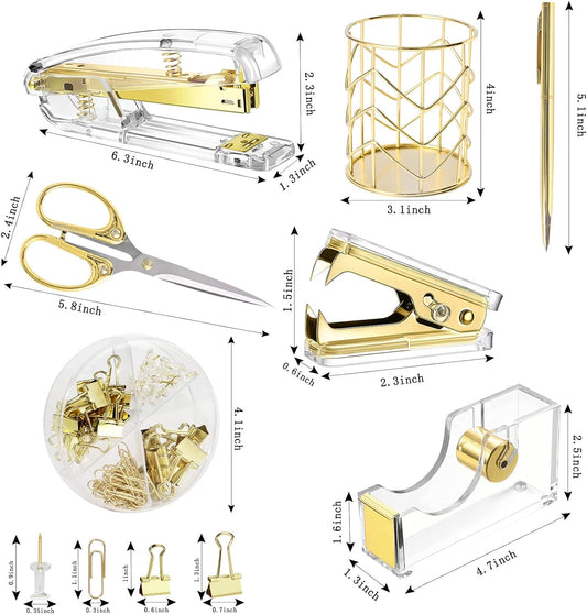 Gold Desk Accessories,Office Supplies Set Acrylic Stapler Set Staple Remover, Tape/Pen Holder, 2 Ballpoint Pen, Scissor, Binder/Paper Clips and 1000Pcs Staples.