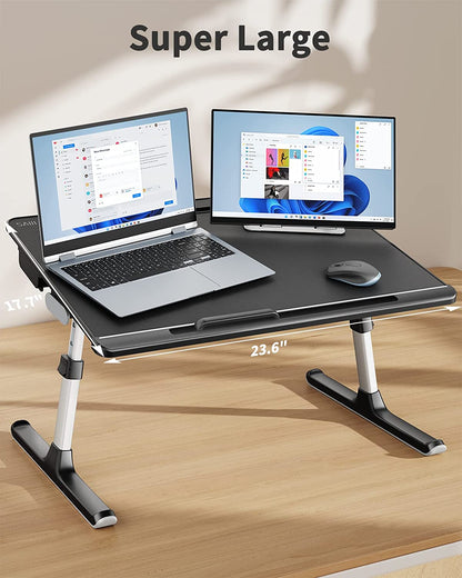 Laptop Bed Tray Desk,  X-Large Adjustable Laptop Table, Foldable Laptop Desk with Storage Drawer and Bookstand for Eating, Working, Writing, Gaming, Drawing (Black)