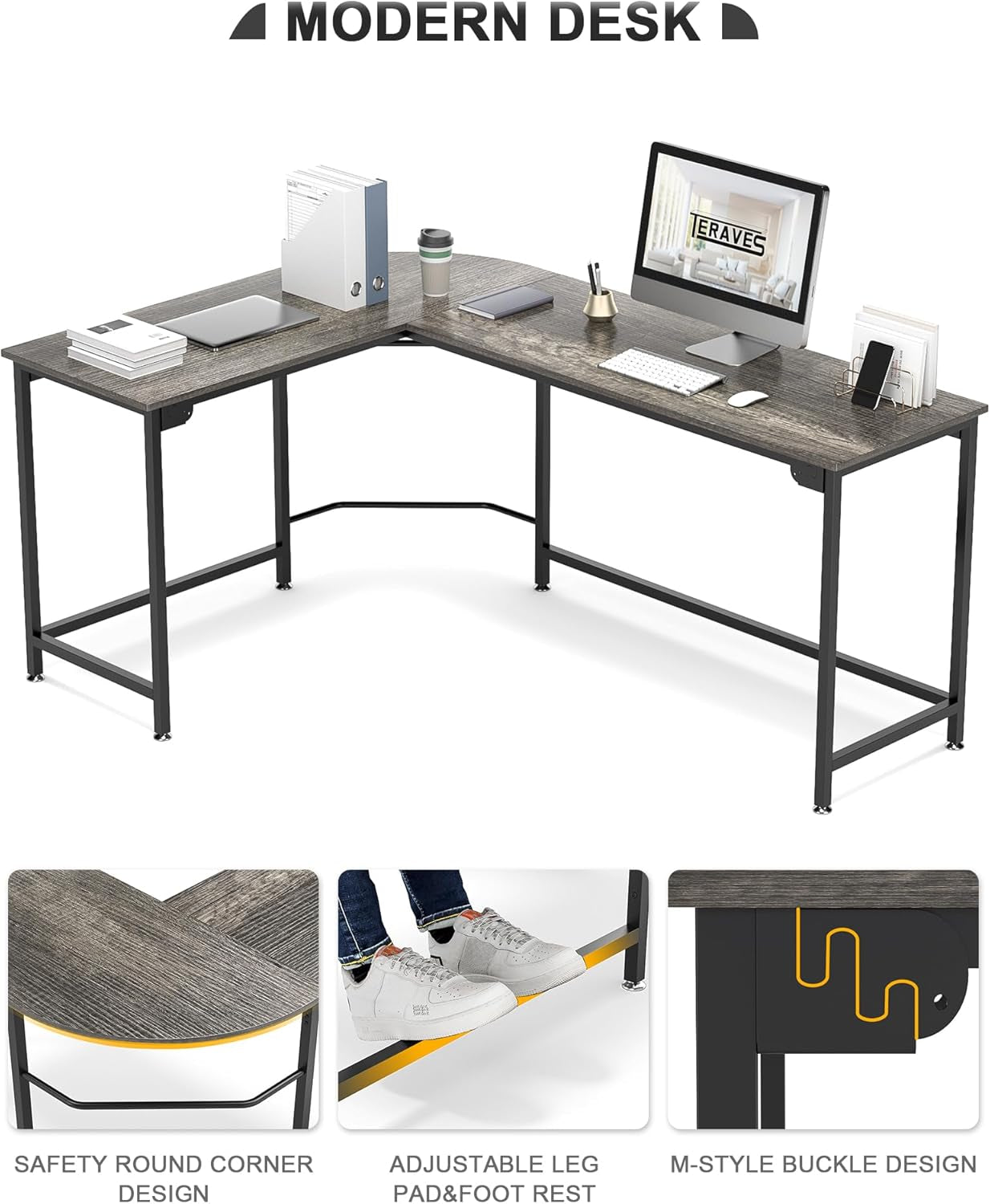 Modern L Shaped Gaming Desk 66'' Corner Computer Desk for Home Office Gaming Table Study Writing Workstation for Small Space, Easy to Assemble