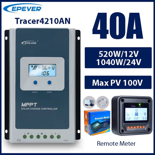 40A MPPT Solar Charge Controller 12V/24V Battery Voltage Max Solar Panel 100V  Regulator with LCD Data Remote Monitor