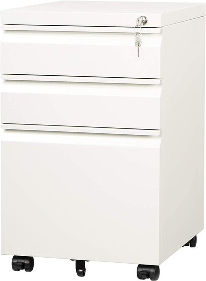 3-Drawer Mobile File Cabinet (Under Office Desk), Assembled except Casters, Fits Letter/Standard Sizes, White