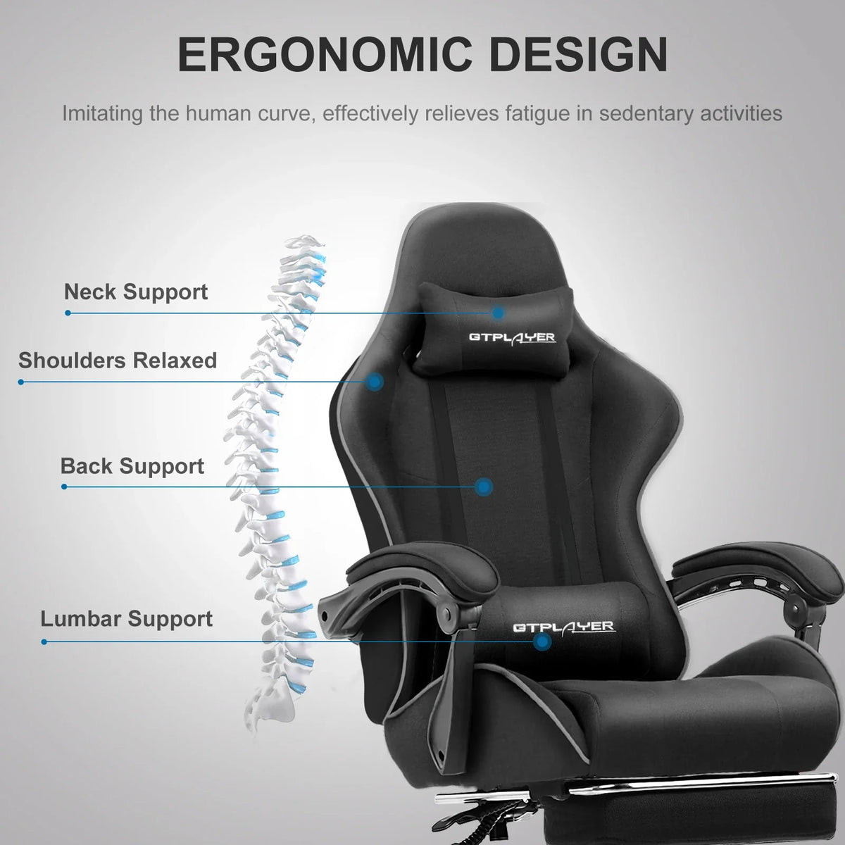 GTPLAYER Gaming Chair with Footrest, Lumbar Support, Adjustable Height, Swivel, Headrest for Office/Gaming