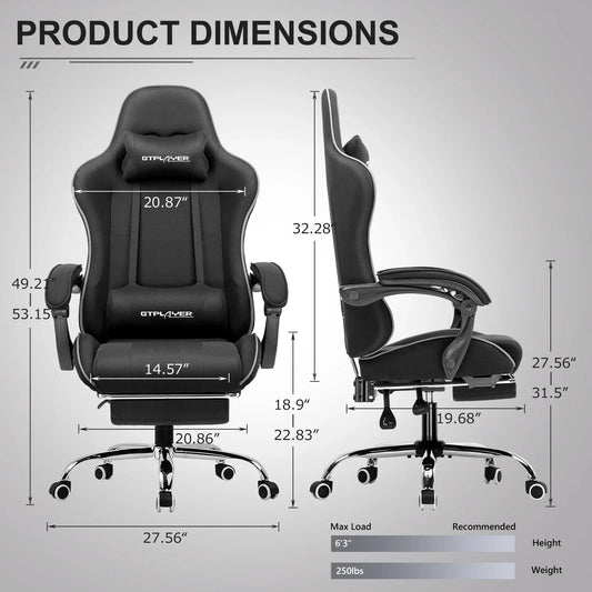 GTPLAYER Gaming Chair with Footrest, Lumbar Support, Adjustable Height, Swivel, Headrest for Office/Gaming