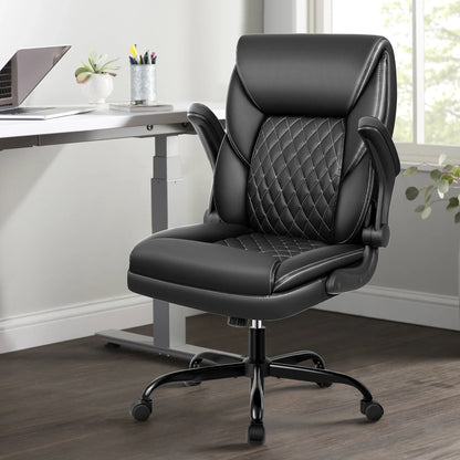 KERDOM Office Desk Chair, Mid Back Executive Leather Chair,Ergonomic Home Computer Chair,Modern Conference Room Chairs with Adjustable Flip-Up Arms and Rocking Function, Black