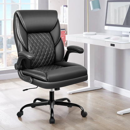 KERDOM Office Desk Chair, Mid Back Executive Leather Chair,Ergonomic Home Computer Chair,Modern Conference Room Chairs with Adjustable Flip-Up Arms and Rocking Function, Black