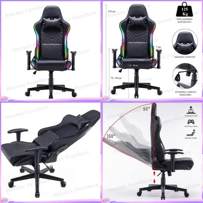 210 Gaming Chair Ergonomic Office Computer Desk Seat Adjustable Backrest Headrest RGB LED Light Imitation Leather Gamer