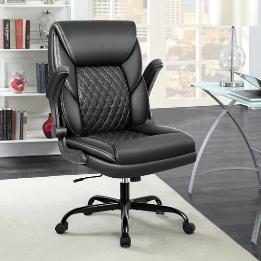 KERDOM Office Desk Chair, Mid Back Executive Leather Chair,Ergonomic Home Computer Chair,Modern Conference Room Chairs with Adjustable Flip-Up Arms and Rocking Function, Black