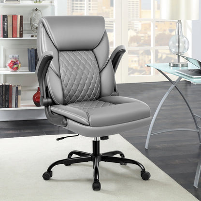 KERDOM Office Desk Chair, Mid Back Executive Leather Chair,Ergonomic Home Computer Chair,Modern Conference Room Chairs with Adjustable Flip-Up Arms and Rocking Function, Black