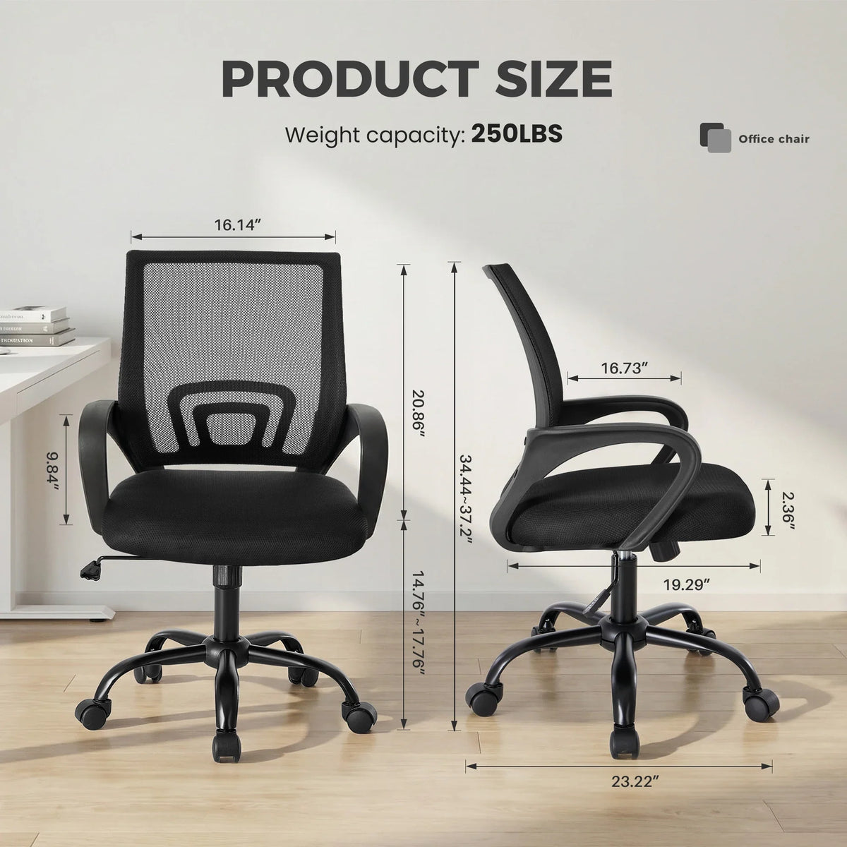 JHK Ergonomic Office Desk Gaming Chair Mid Back with Lumbar Support Rocking Mode Height Adjustable with Fixed Armrest For Office