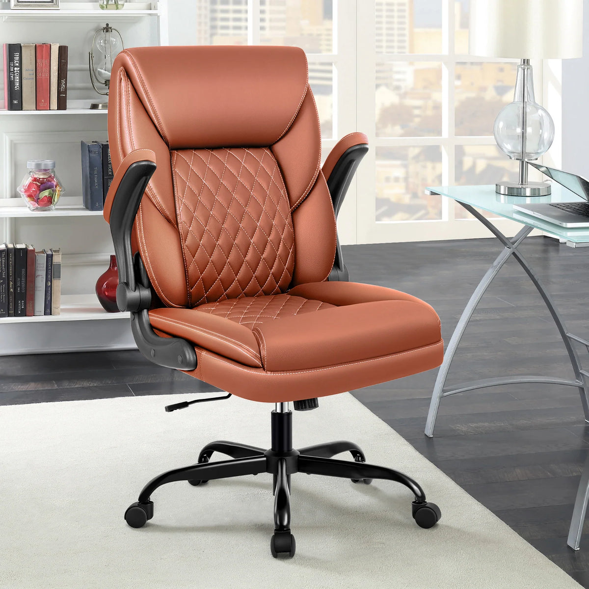 KERDOM Office Desk Chair, Mid Back Executive Leather Chair,Ergonomic Home Computer Chair,Modern Conference Room Chairs with Adjustable Flip-Up Arms and Rocking Function, Black