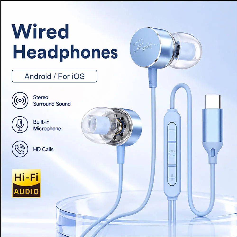 Wired Earphones 9D Surround Sound Type C Headphones Volume Control Headset With HD Mic Earbuds For iPhone 17 Pro Samsung Galaxy