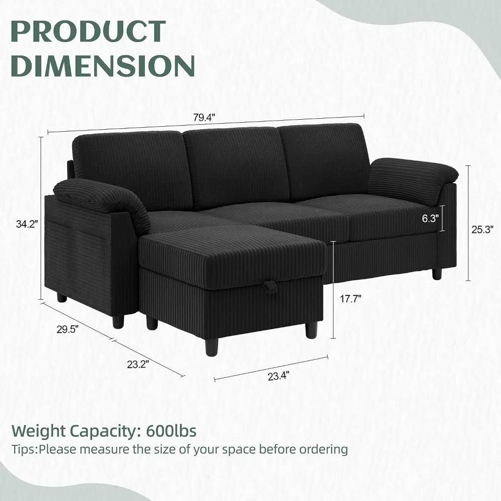 Convertible Sectional Couch 3 Seat L-Shaped Sofa with Pillows Corduroy for Living Room Apartment Office Black