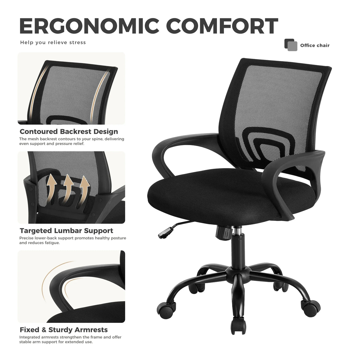 JHK Ergonomic Office Desk Gaming Chair Mid Back with Lumbar Support Rocking Mode Height Adjustable with Fixed Armrest For Office