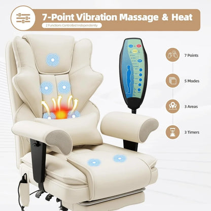 7-Point Massage Heated Executive Office Chair with Footrest, Beige