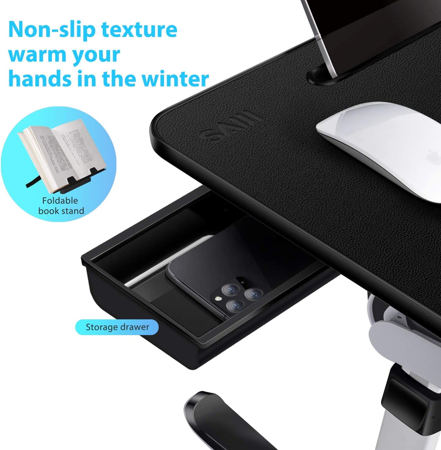Laptop Bed Tray Desk,  X-Large Adjustable Laptop Table, Foldable Laptop Desk with Storage Drawer and Bookstand for Eating, Working, Writing, Gaming, Drawing (Black)