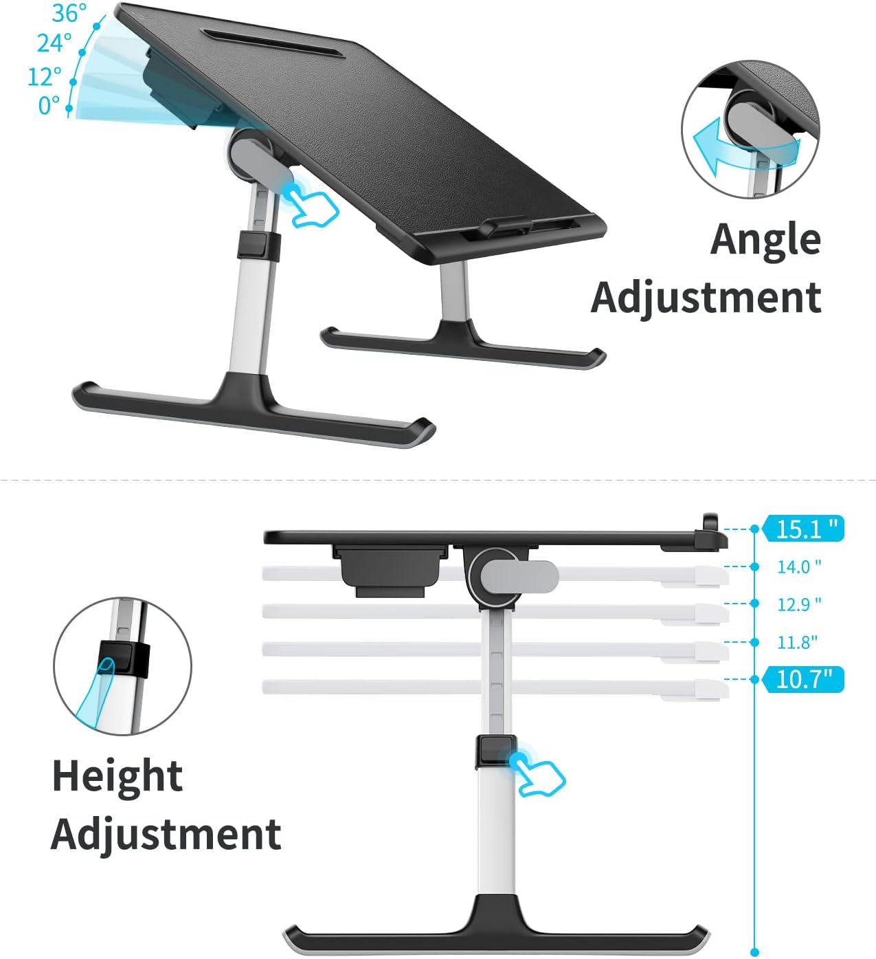 Laptop Bed Tray Desk,  X-Large Adjustable Laptop Table, Foldable Laptop Desk with Storage Drawer and Bookstand for Eating, Working, Writing, Gaming, Drawing (Black)