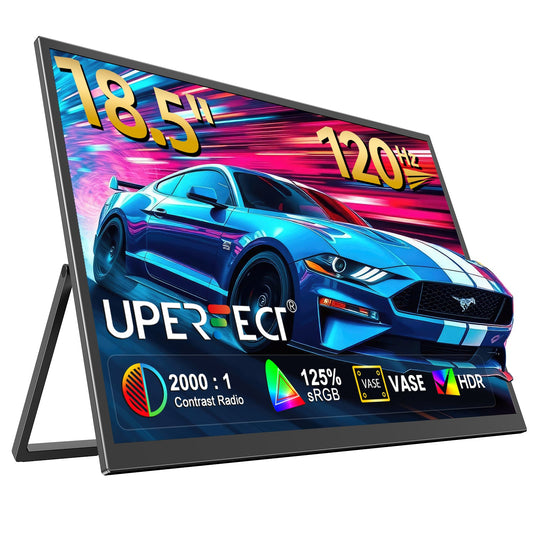 UPERFECT Portable Monitor 18.5 Inch, 120Hz 1080P FHD, 125 Percent SRGB, IPS HDR Gaming Screen, FreeSync, VESA Ready With Stand, USB C HDMI External Travel Monitor For Laptop MacBook