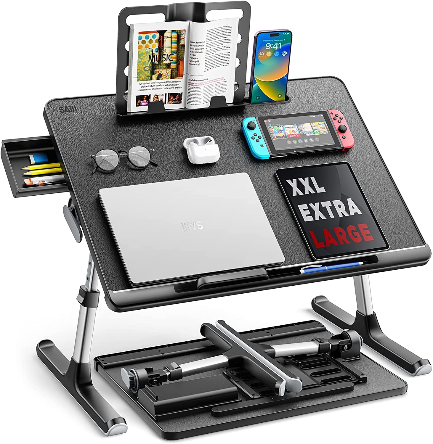 Laptop Bed Tray Desk,  X-Large Adjustable Laptop Table, Foldable Laptop Desk with Storage Drawer and Bookstand for Eating, Working, Writing, Gaming, Drawing (Black)