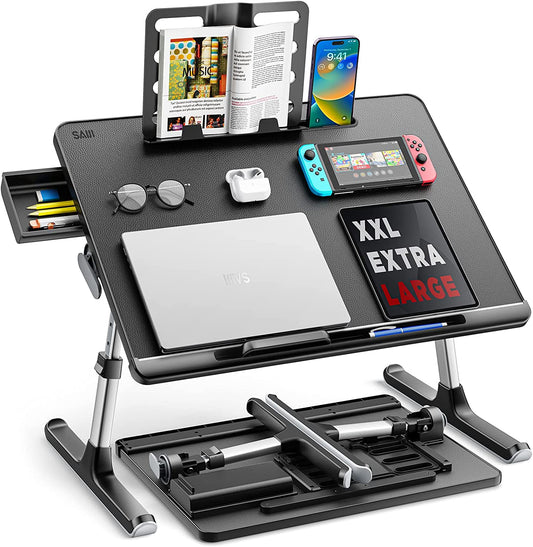 Laptop Bed Tray Desk,  X-Large Adjustable Laptop Table, Foldable Laptop Desk with Storage Drawer and Bookstand for Eating, Working, Writing, Gaming, Drawing (Black)