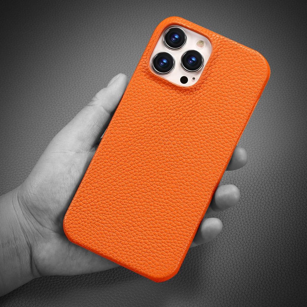 Neon Orange Genuine Leather iPhone Case – product view 2